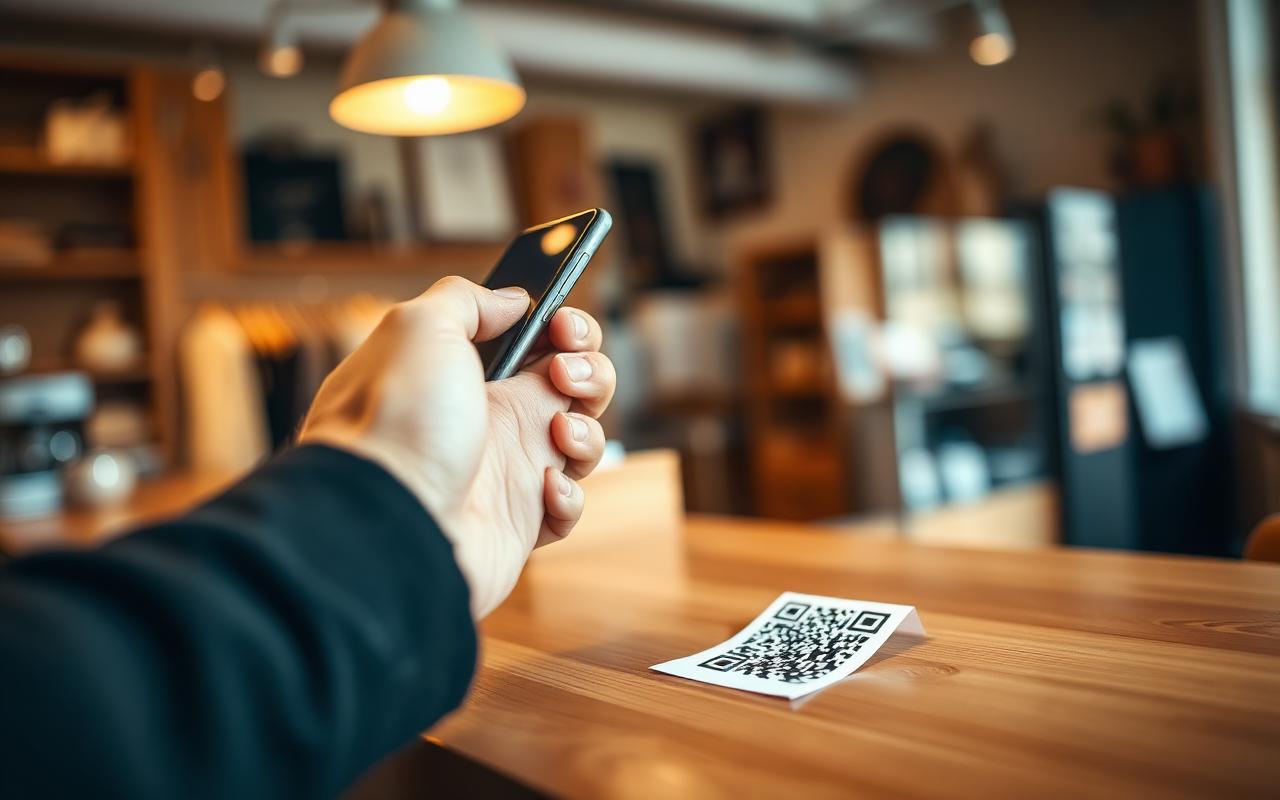 Cliente acercando su teléfono a un código QR en el mostrador de un negocio local